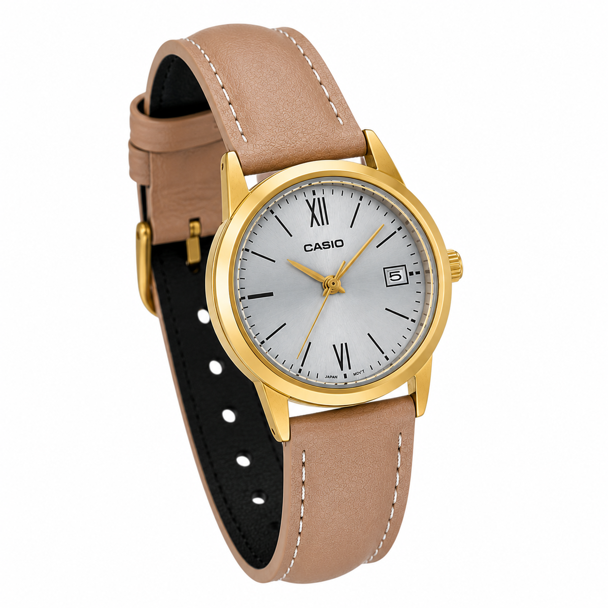 Reloj Casio dama LTP V002GL 7B3 correa cuero cafe fondo plateado-2