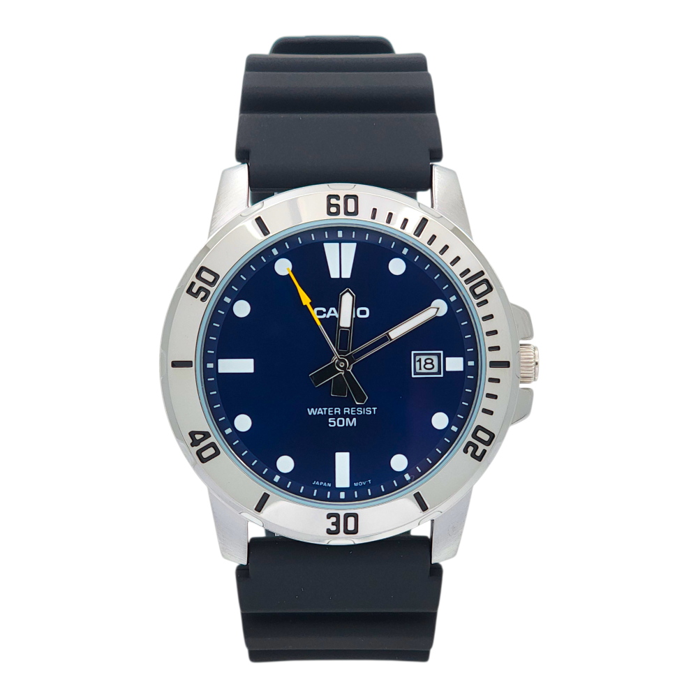 Reloj Casio caballero MTP-VD01-2EV correa resina negro fondo azul-0