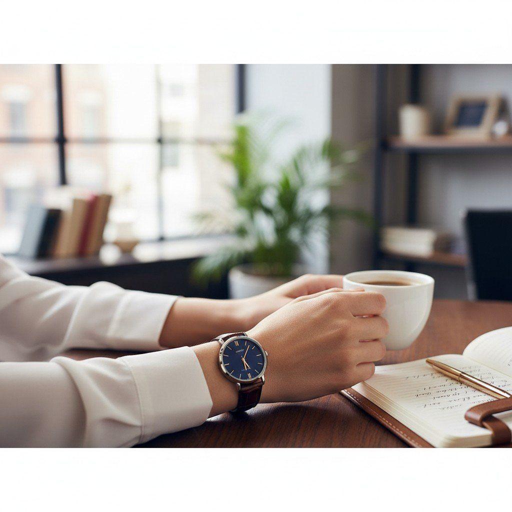 Reloj Casio Mujer Análogo LTP-VT01L-2B Cuero cafe fondo azul-4