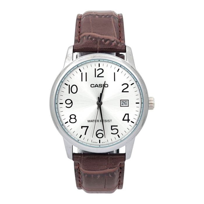 Reloj Casio hombre MTP-V002L-7B2 con correa de cuero marrón fondo plateado-0