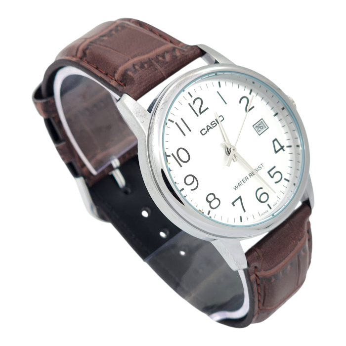 Reloj Casio hombre MTP-V002L-7B2 con correa de cuero marrón fondo plateado-1