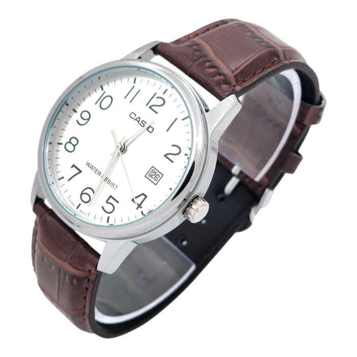Reloj Casio hombre MTP-V002L-7B2 con correa de cuero marrón fondo plateado-2