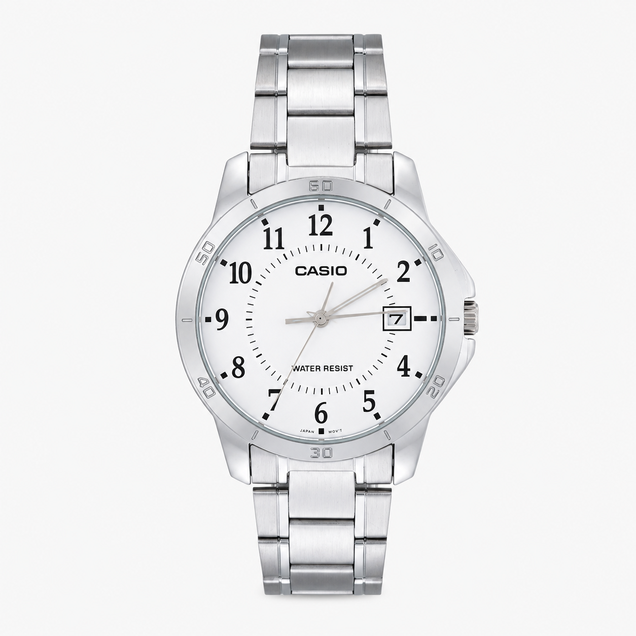 Reloj Casio caballero MTP V004D 7B correa acero fondo blanco-0