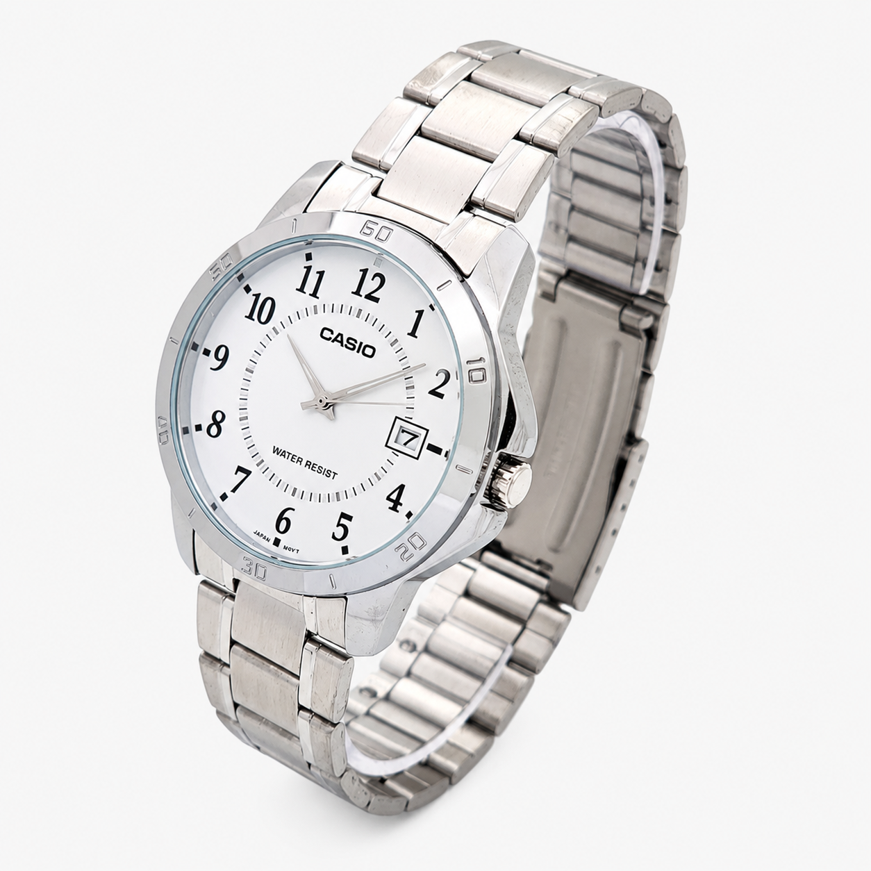 Reloj Casio caballero MTP V004D 7B correa acero fondo blanco-2