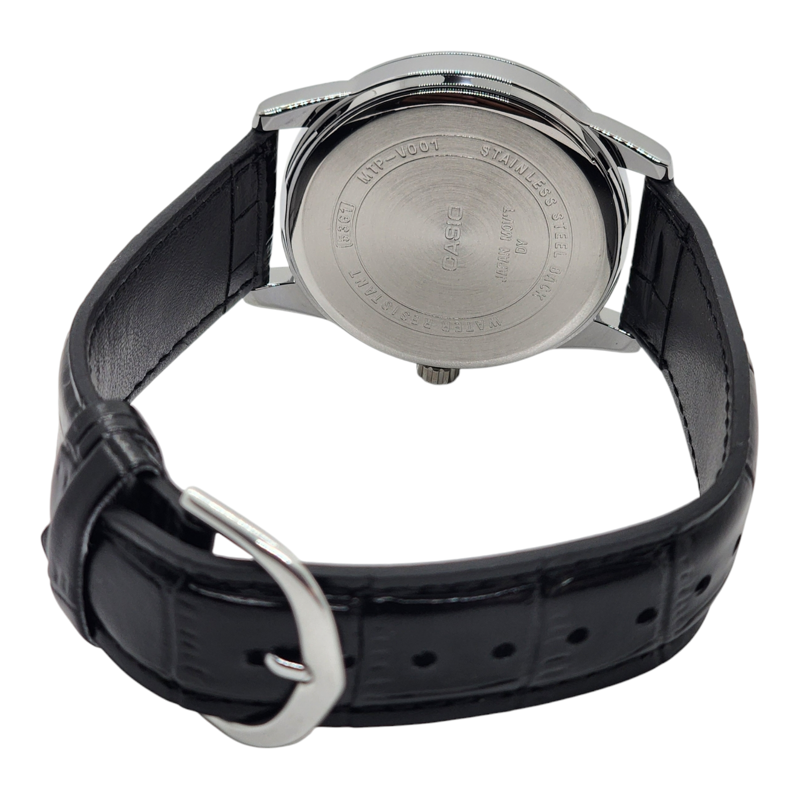Reloj Pulsera Casio MTP-V001L-7B Con Correa De Cuero Color Negro - Fondo Plateado-2