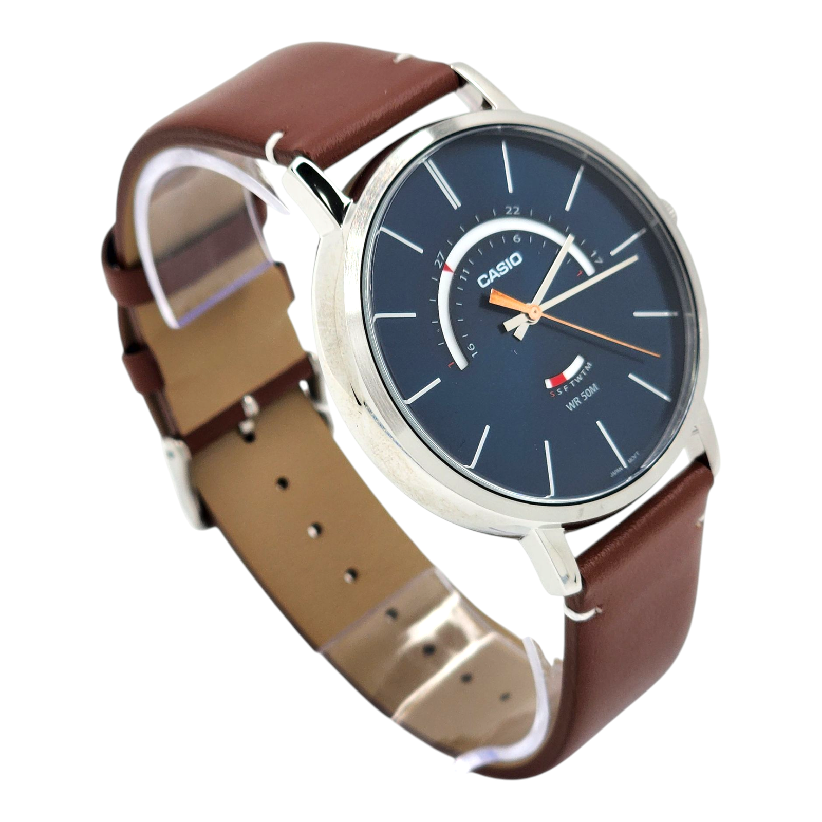 Reloj Casio MTP-B105L-2AV correa cuero cafe esfera fondo azul-1