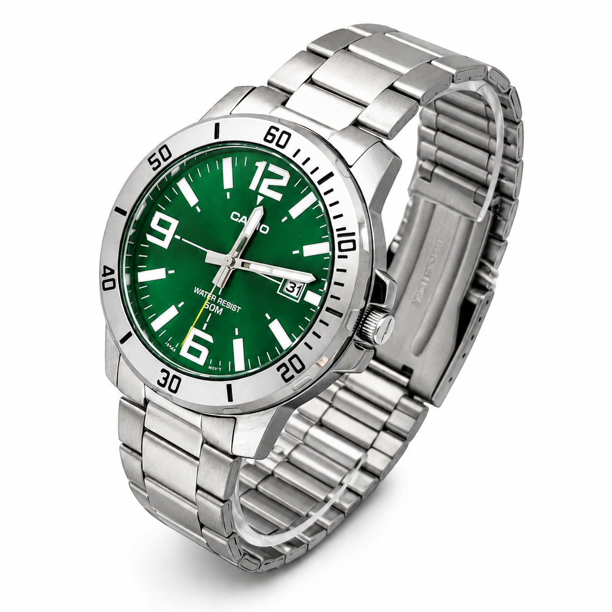 Reloj Casio caballero MTP-VD01D-3BV acero inoxidable fondo verde-1