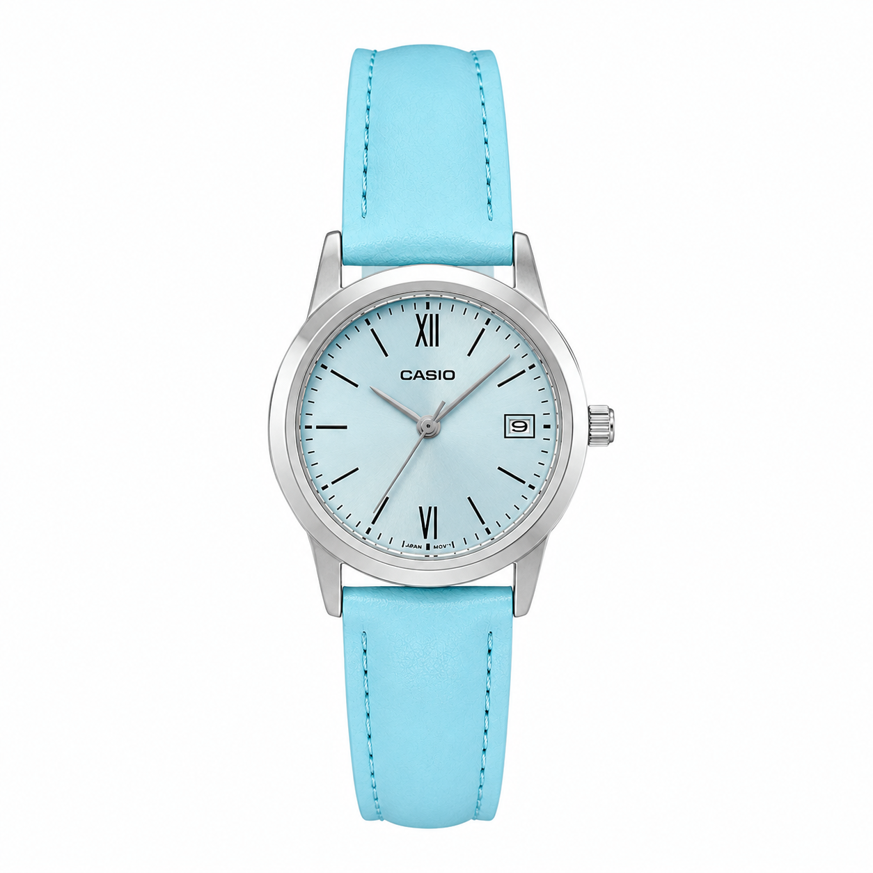Reloj Casio dama LTP V002L 2B3 correa cuero celeste fondo plateado-0