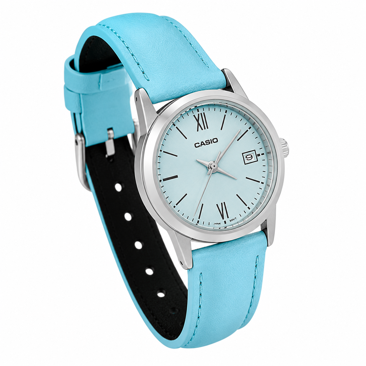 Reloj Casio dama LTP V002L 2B3 correa cuero celeste fondo plateado-2
