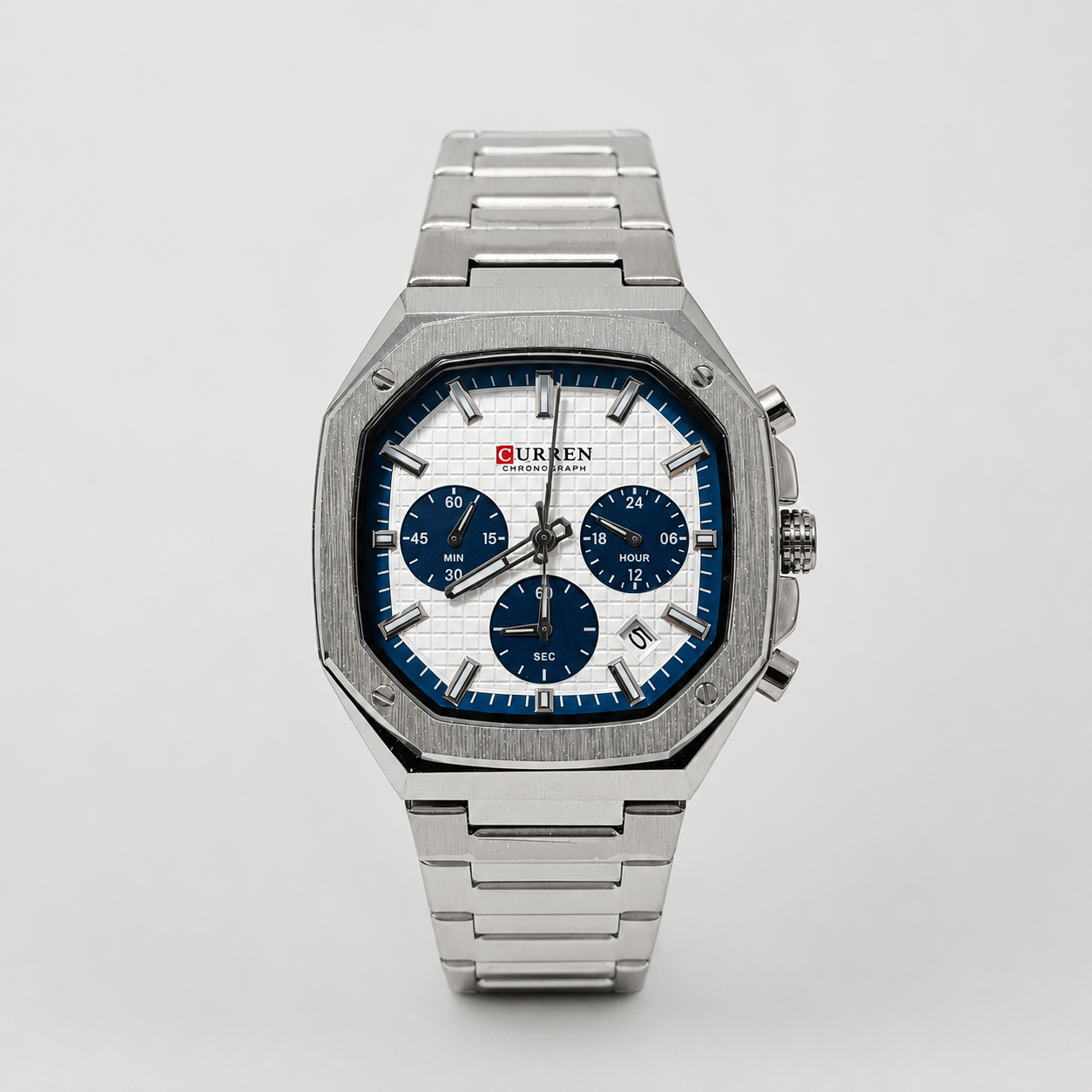 Reloj Curren para caballero 8459-1 Metal plateado con esfera blanca y detalles azules-0