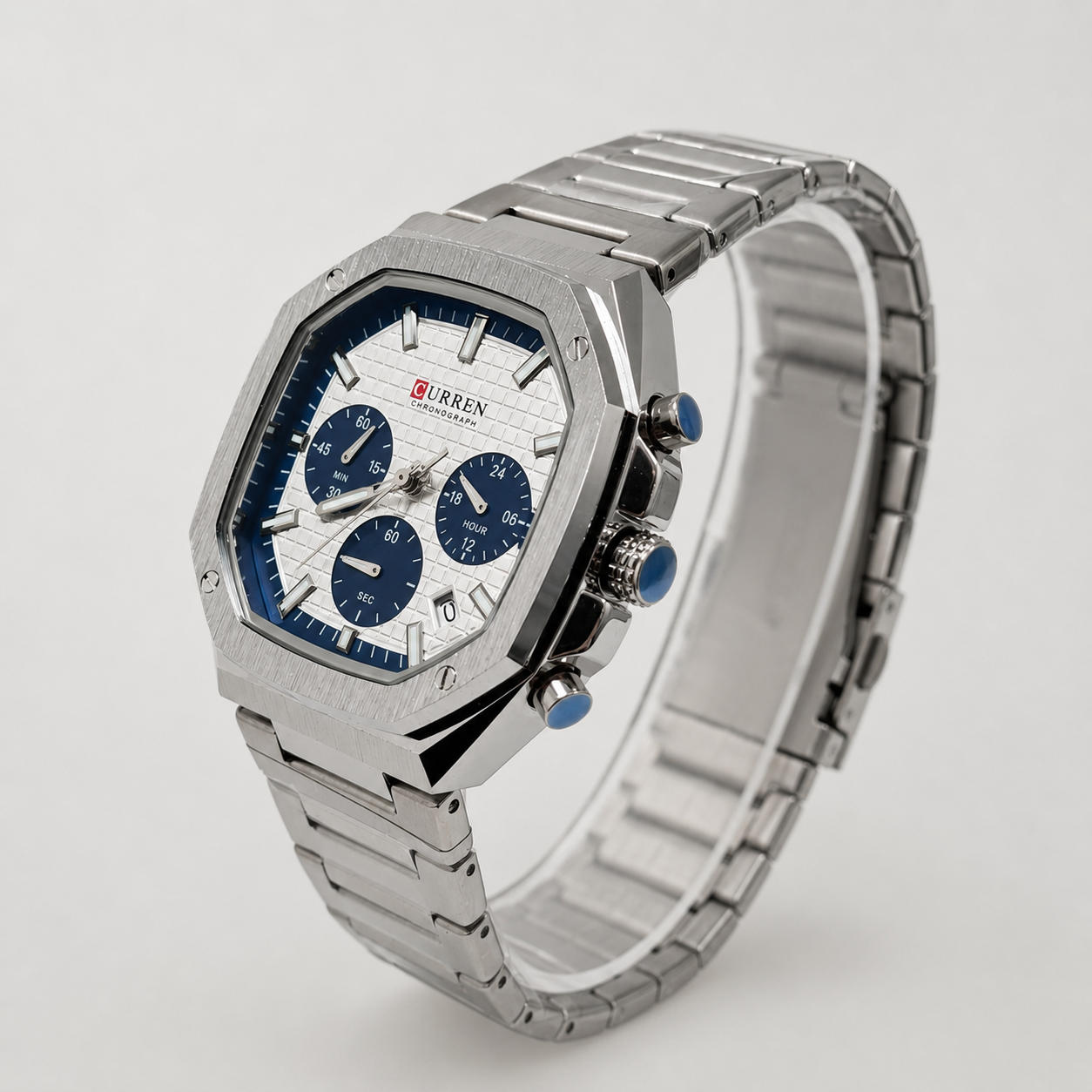 Reloj Curren para caballero 8459-1 Metal plateado con esfera blanca y detalles azules-1