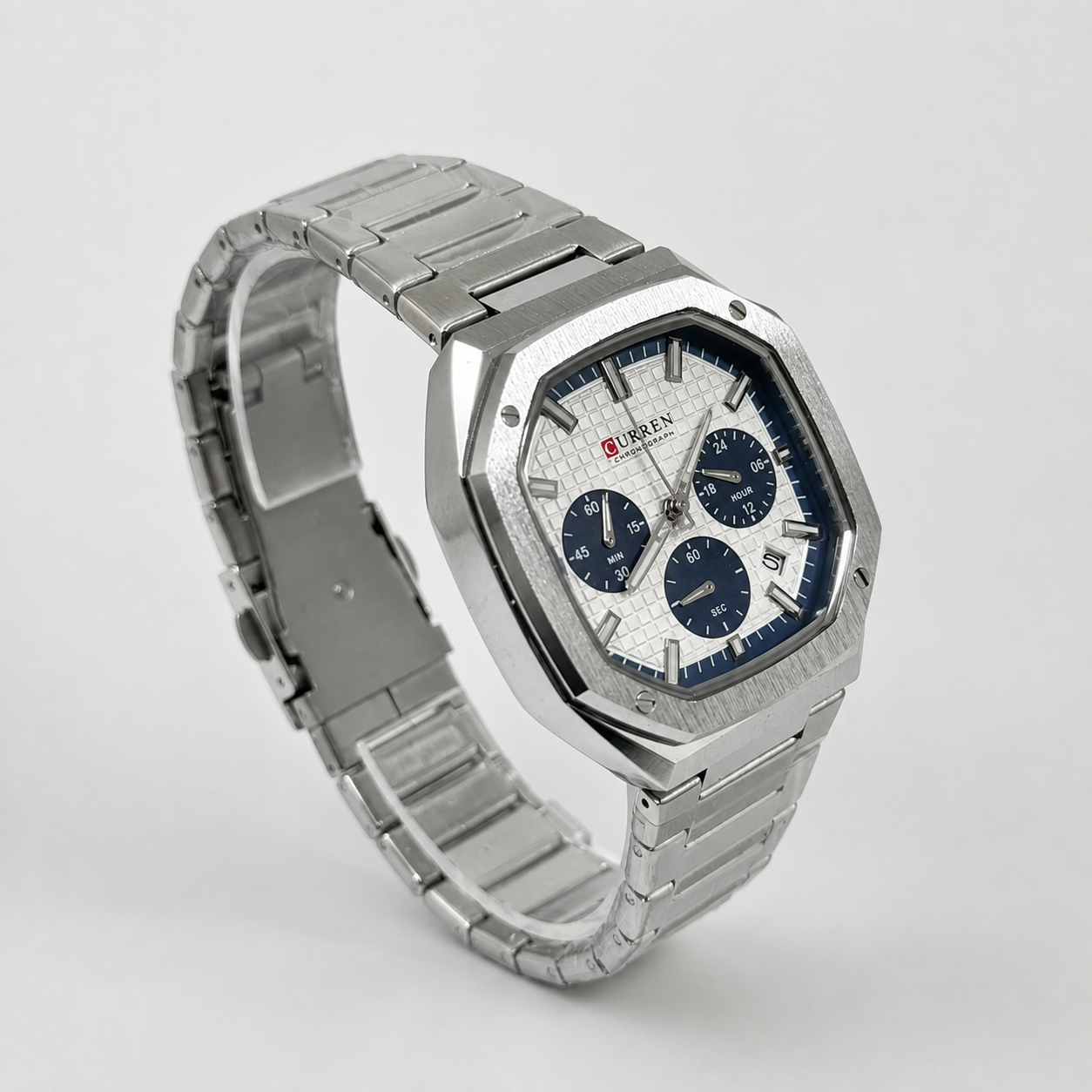 Reloj Curren para caballero 8459-1 Metal plateado con esfera blanca y detalles azules-2