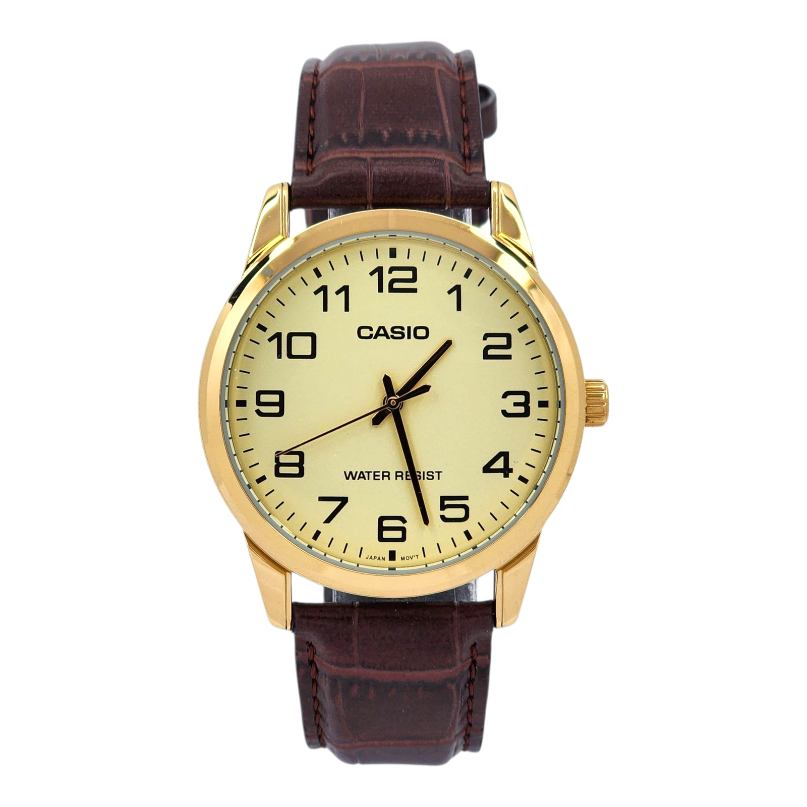 Reloj Casio MTP-V001GL-9B Con Correa De Cuero Color Marrón - Fondo Dorado-0