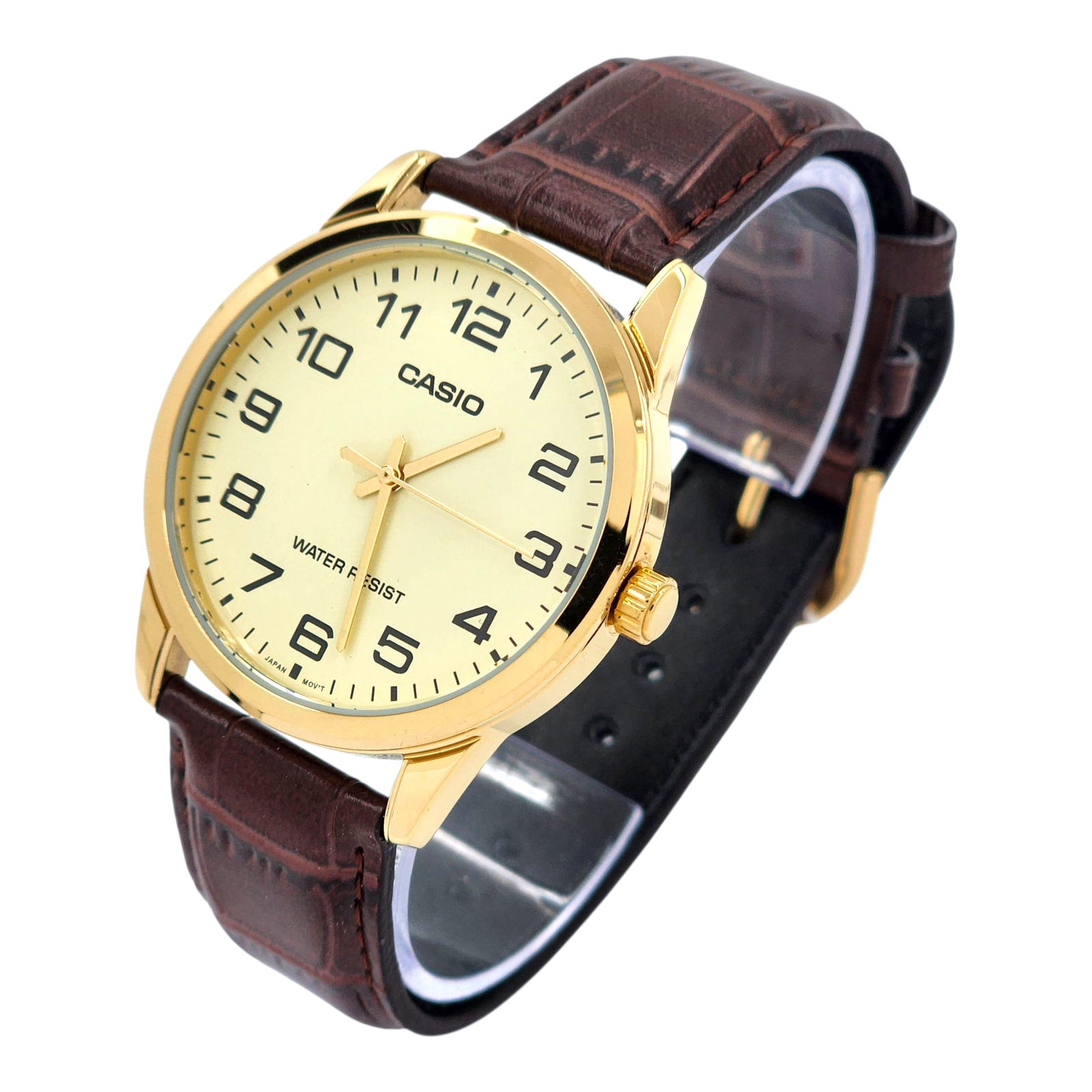 Reloj Casio MTP-V001GL-9B Con Correa De Cuero Color Marrón - Fondo Dorado-1