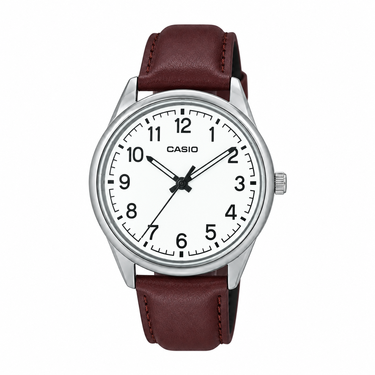 Reloj Casio caballero MTP V005L 7B4 correa cuero cafe esfera blanca-0