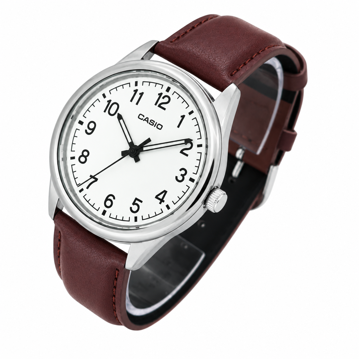 Reloj Casio caballero MTP V005L 7B4 correa cuero cafe esfera blanca-1