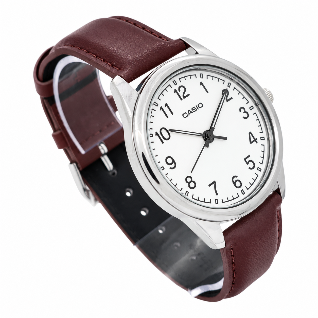 Reloj Casio caballero MTP V005L 7B4 correa cuero cafe esfera blanca-2