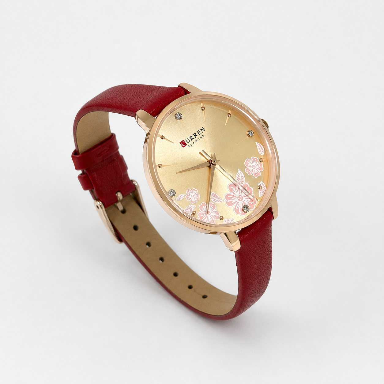 Reloj Curren para dama 9068A-4 Cuero rojo vino con esfera dorada-2