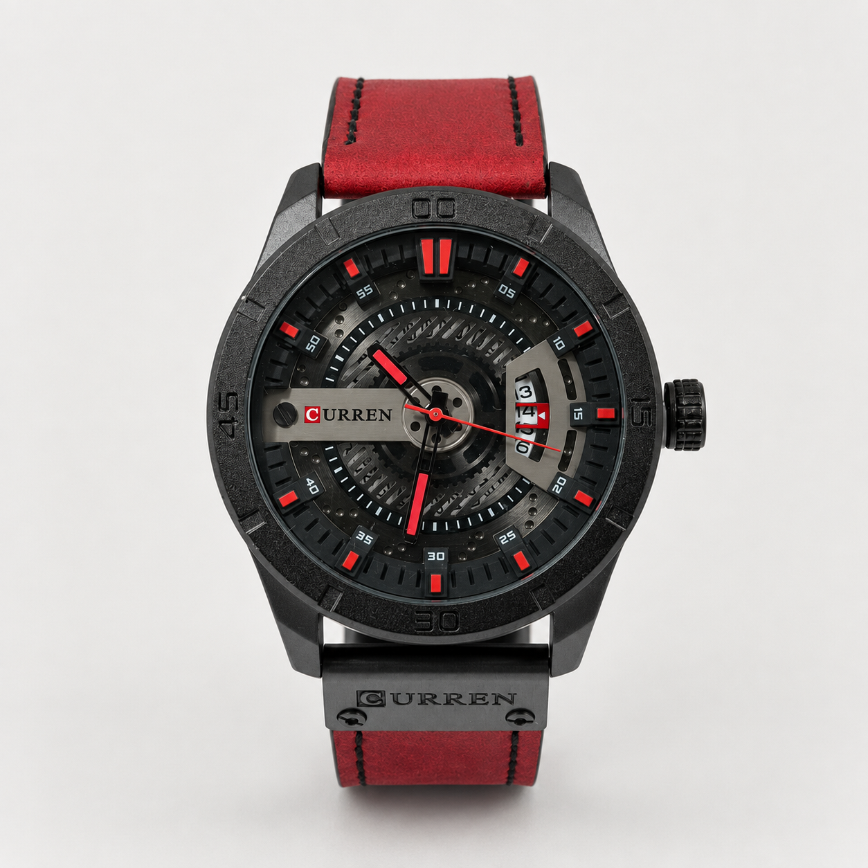 Reloj Curren para caballero 8301-1 Cuero rojo vino con esfera negra-0