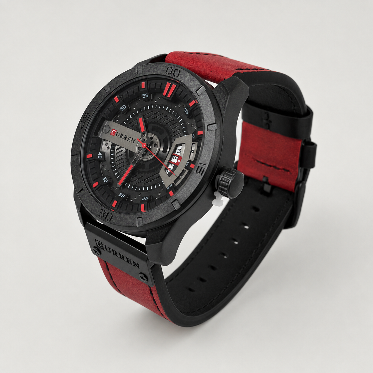 Reloj Curren para caballero 8301-1 Cuero rojo vino con esfera negra-2