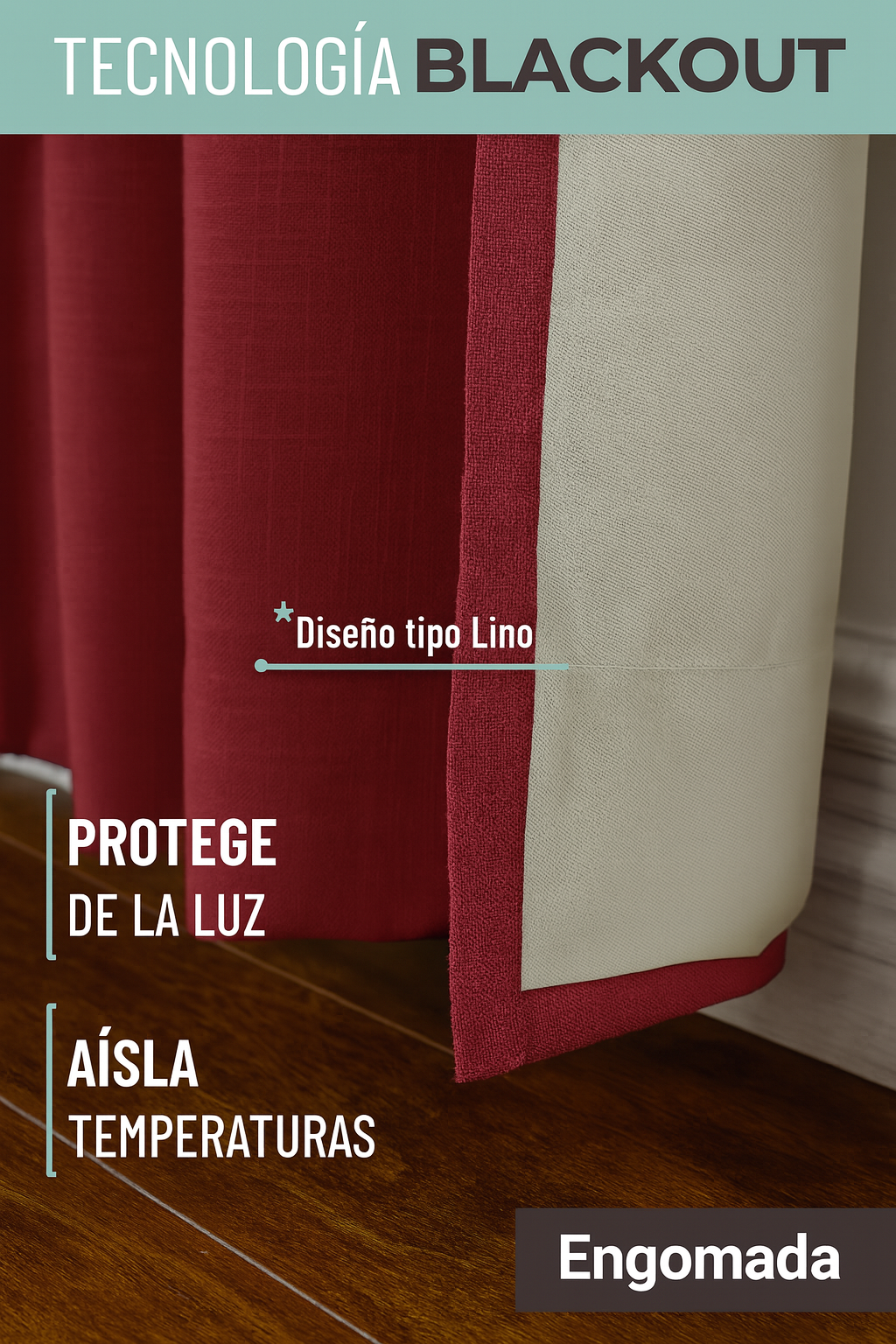 2 Cortinas Blackout Engomadas de Lino 140x220 cm Color Burdeo-3