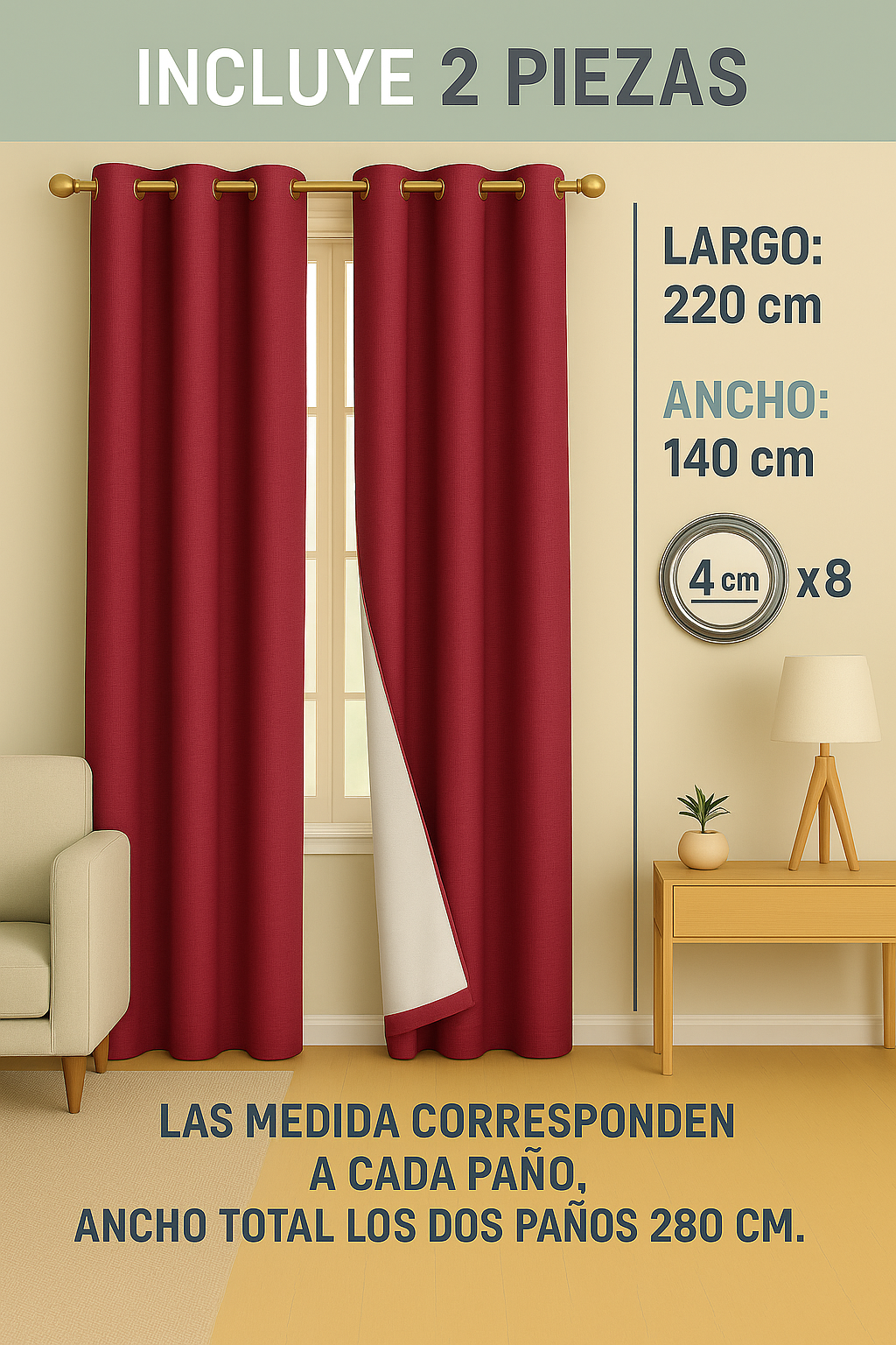 2 Cortinas Blackout Engomadas de Lino 140x220 cm Color Burdeo-5