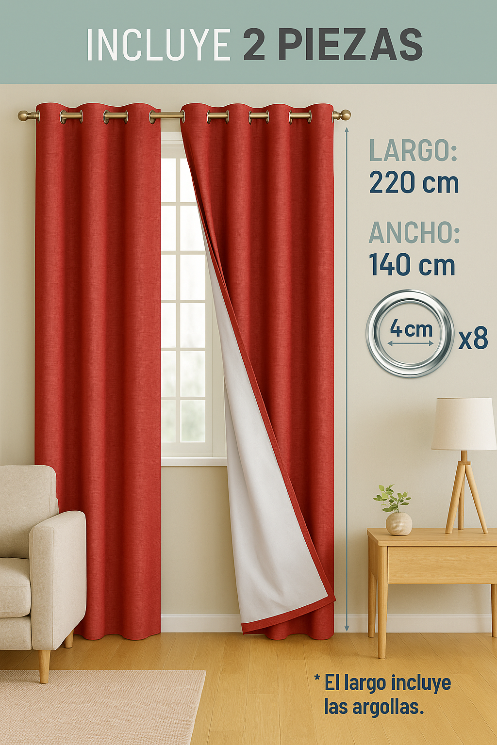 Cortina Blackout Engomada de Lino 100 140x220 cm Color Rojo-3
