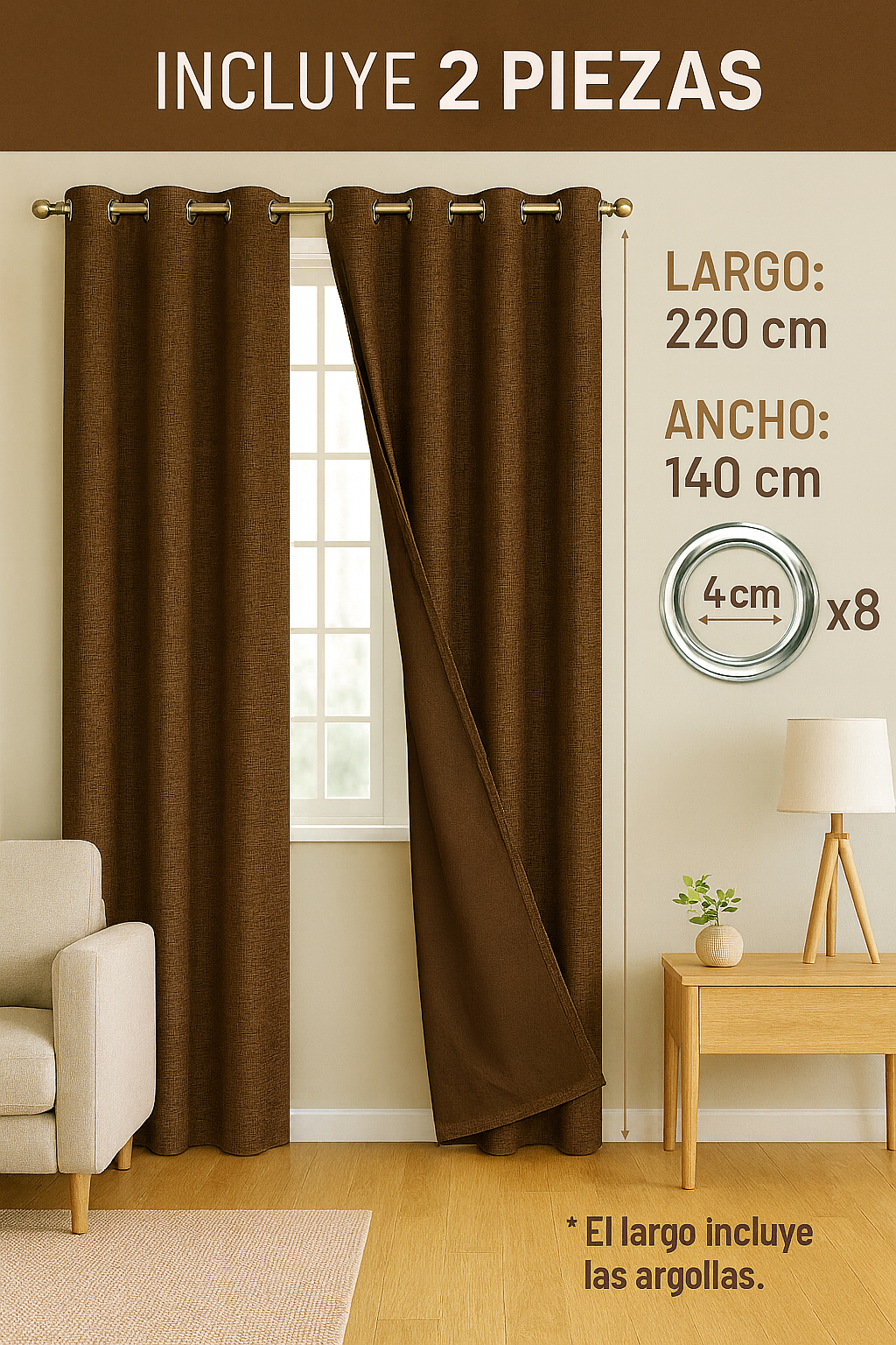 2 Cortinas Blackout Engomadas de Lino 140x220 cm Color Café-5