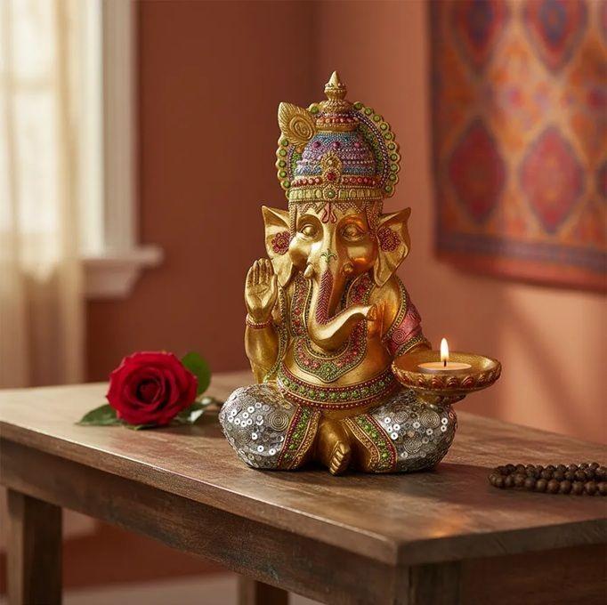  Ganesha Dorado Portavelas Figura - Resina-2