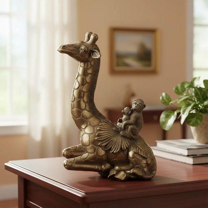 Figura decorativa Jirafa con familia Chimpancé - Resina-1