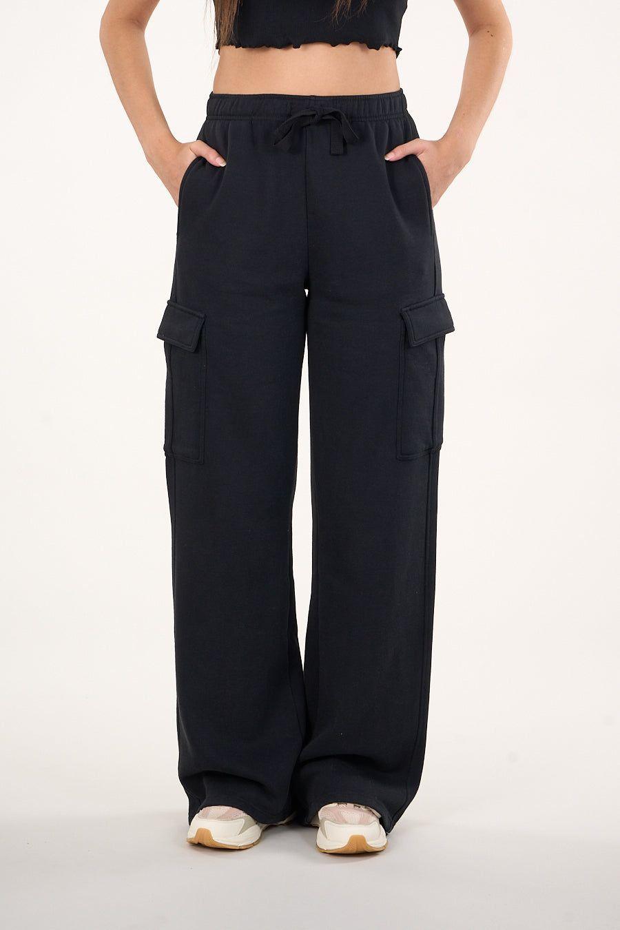 Pantalon Franela Cargo Wide Leg Negro VW4726 Mujer Polemic-2