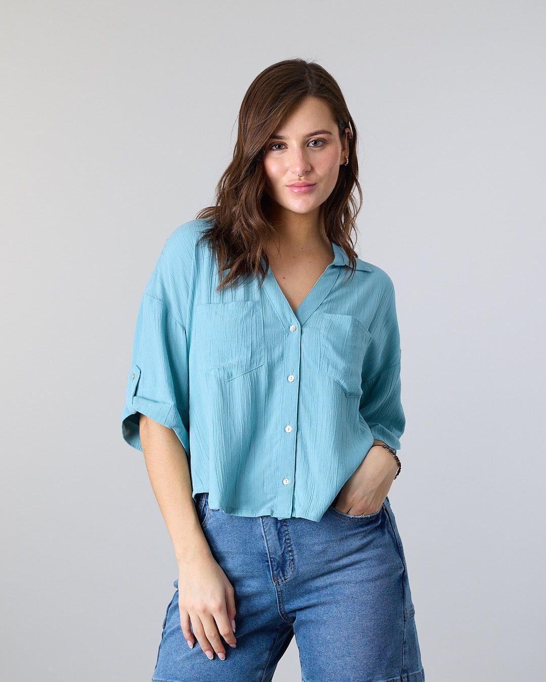 Blusa Mujer Crep cuello camisero Verde Polemic-0