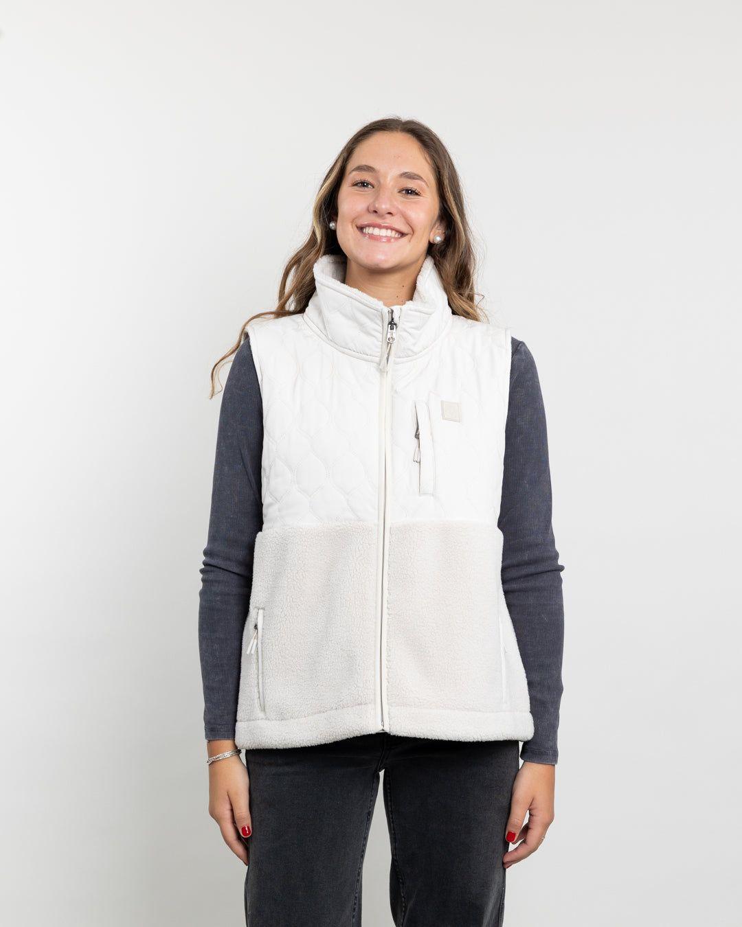 Poleron mujer Polar sin mangas Vest Sherpa acolchado Crema Polemic-0