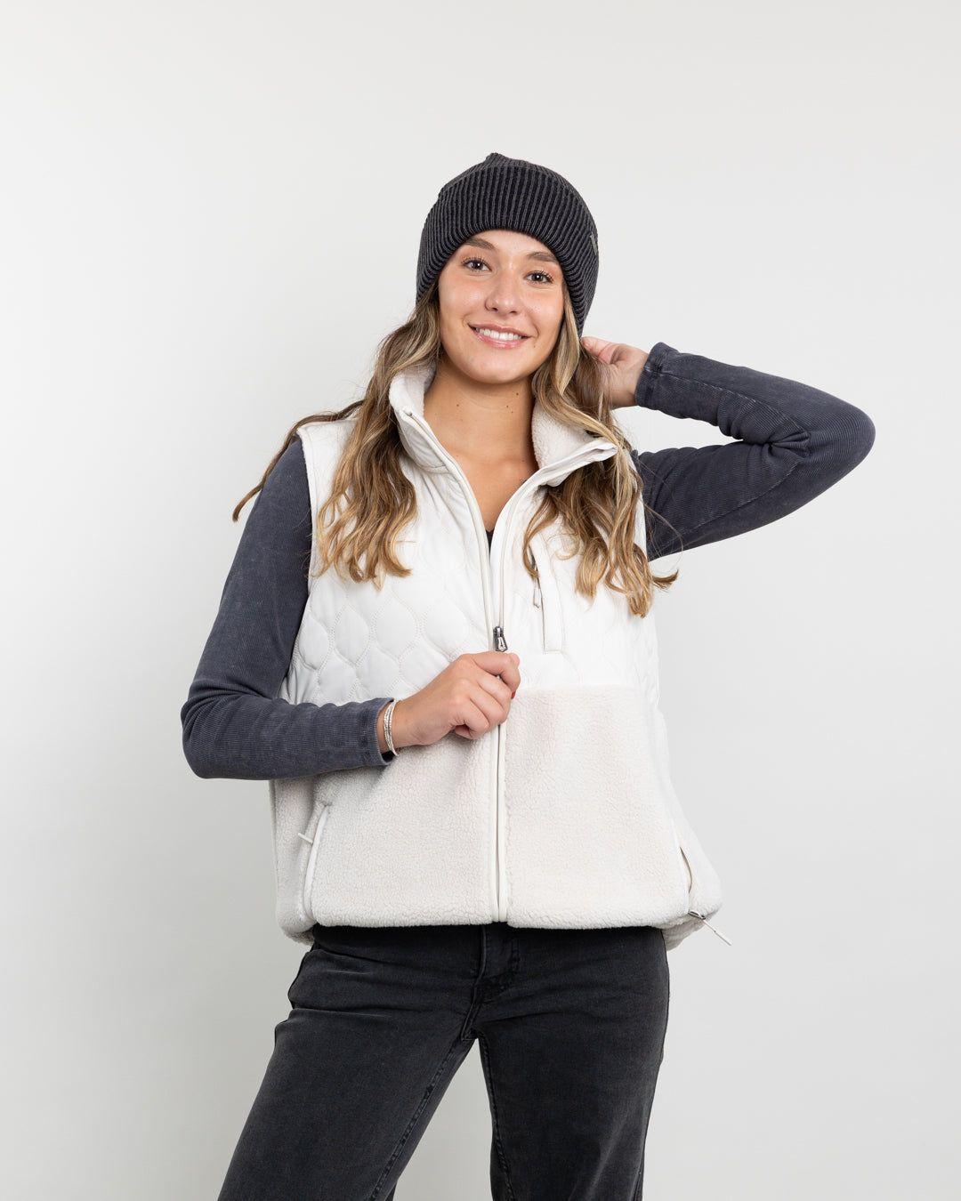 Poleron mujer Polar sin mangas Vest Sherpa acolchado Crema Polemic-4