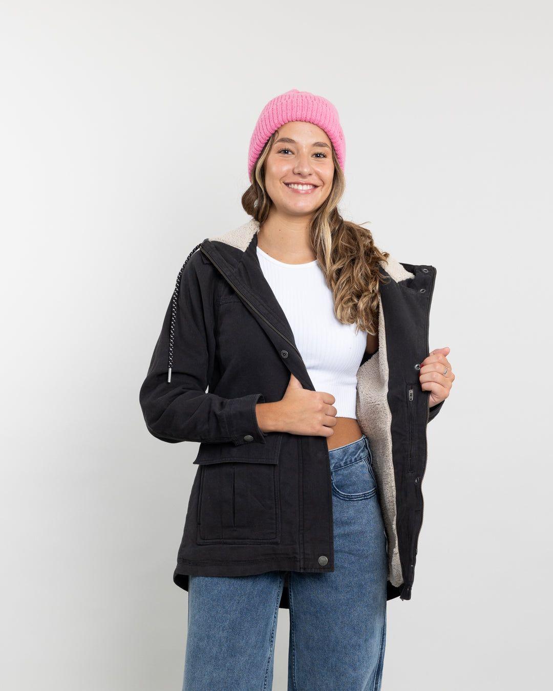 Chaqueta gabardina mujer con interior Sherpa Negro Negro Polemic-3