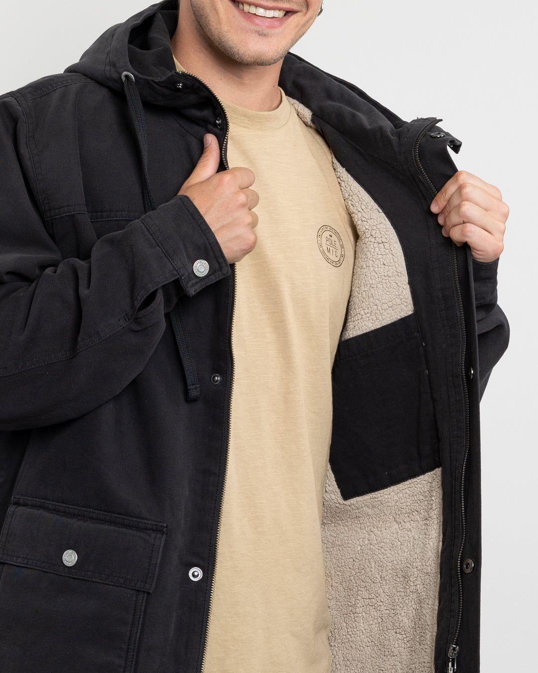 Chaqueta Canvas Hombre forrada en sherpa Negro Polemic-3