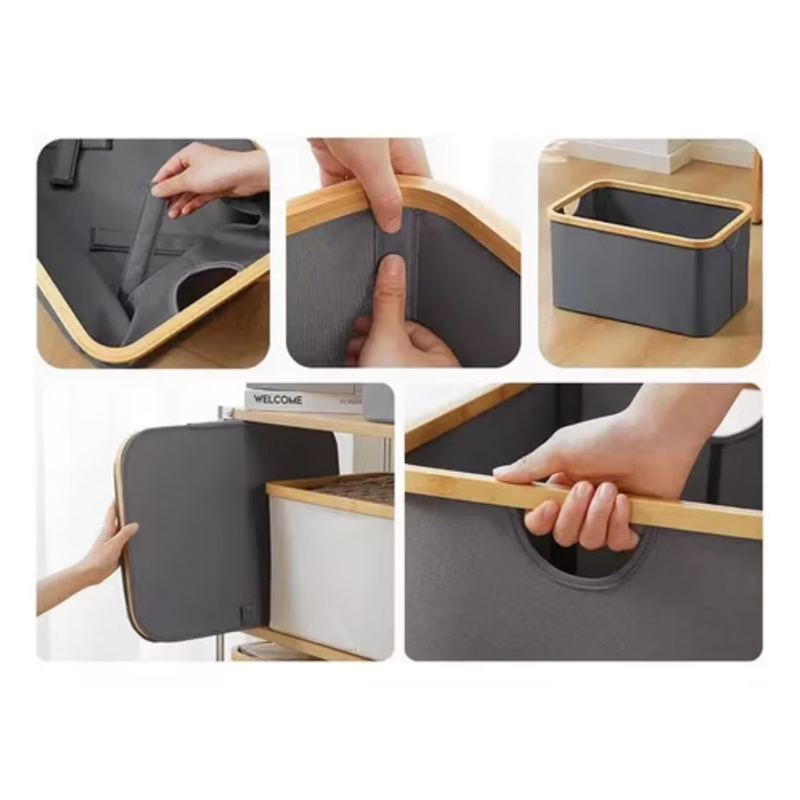 Cesto Canasto Ropa Sucia Plegable Borde Madera Con Tapa Cuadrada Gris-1