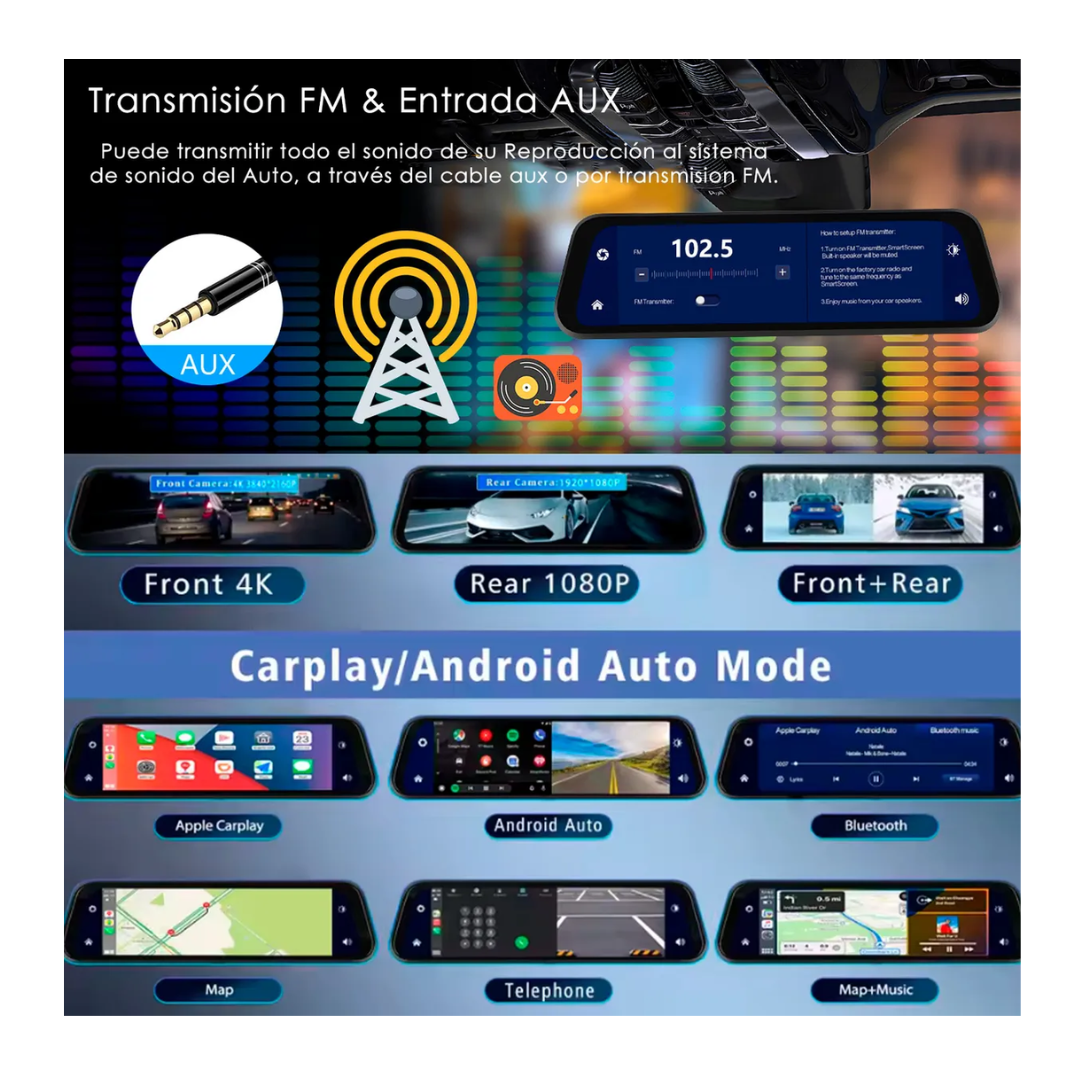 Retrovisor Cámara Auto Pantalla Completa 4k Android Auto Cp-7