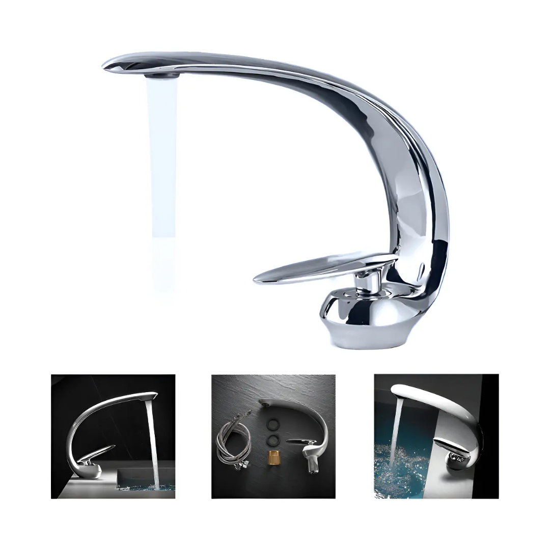 Llave Lavamanos Curva Premium Acero Inoxidable Niquel Baño-1
