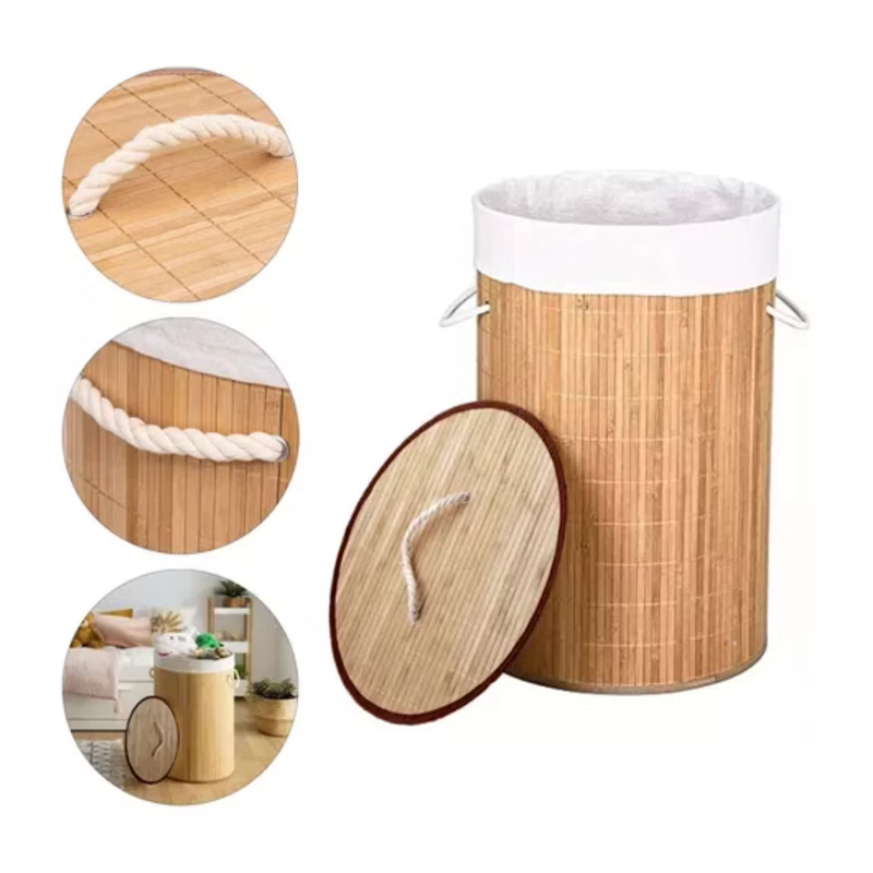 Cesto Canasto Ropa Sucia Bambu Redondo 50Cm Con Tapa Y Asa Bambu Claro-1