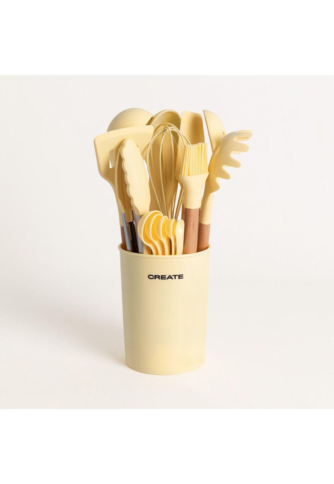 SET DE UTENSILIOS SILICONA MADERA PARA COCINA AMARILLA CREATE IKOHS-0