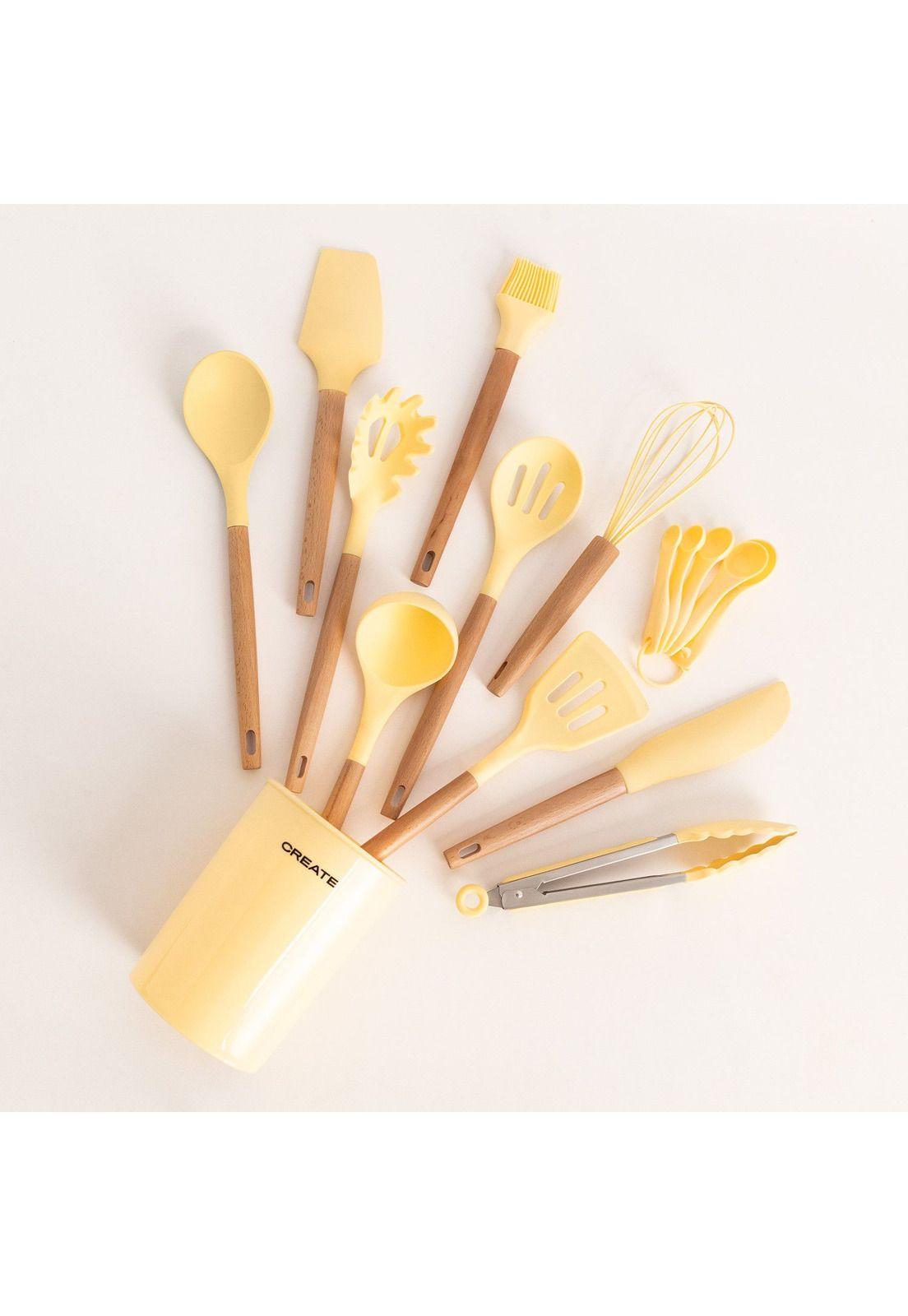 SET DE UTENSILIOS SILICONA MADERA PARA COCINA AMARILLA CREATE IKOHS-1