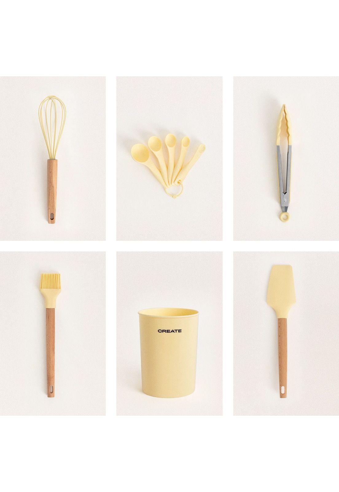 SET DE UTENSILIOS SILICONA MADERA PARA COCINA AMARILLA CREATE IKOHS-2