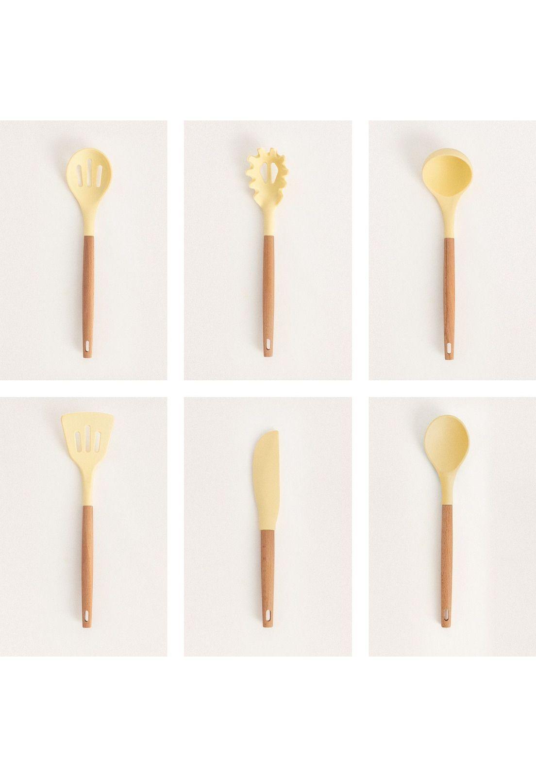 SET DE UTENSILIOS SILICONA MADERA PARA COCINA AMARILLA CREATE IKOHS-3