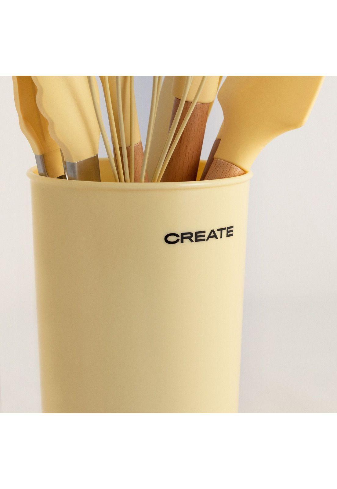 SET DE UTENSILIOS SILICONA MADERA PARA COCINA AMARILLA CREATE IKOHS-6