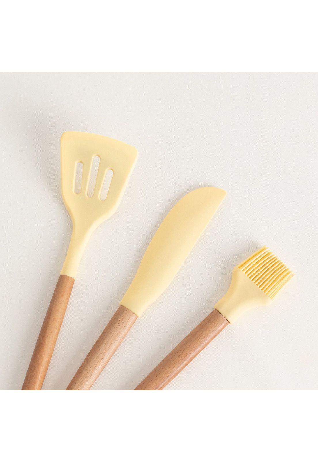 SET DE UTENSILIOS SILICONA MADERA PARA COCINA AMARILLA CREATE IKOHS-9