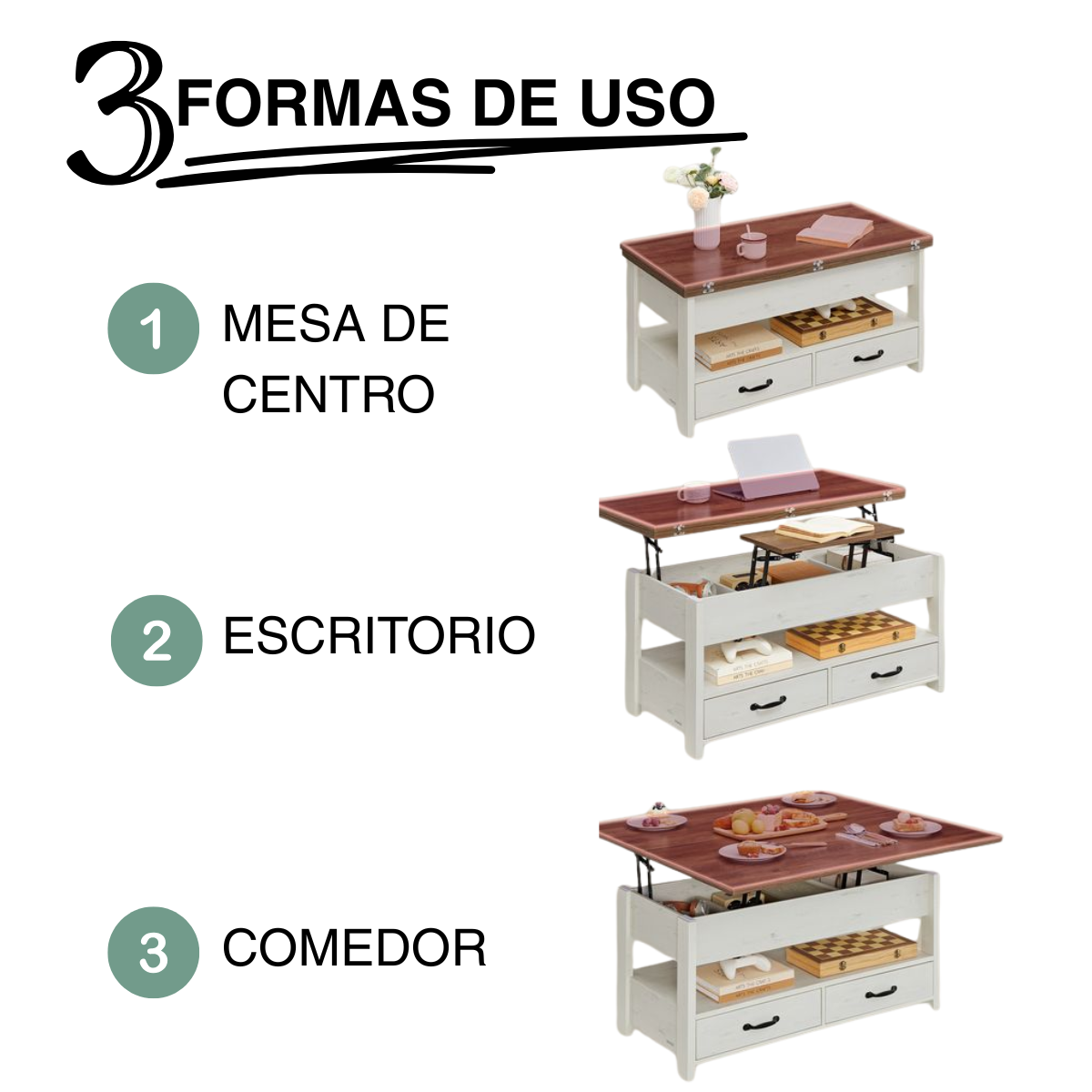 Mesa de Centro Rectangular Elevable Rústica Valencia-5