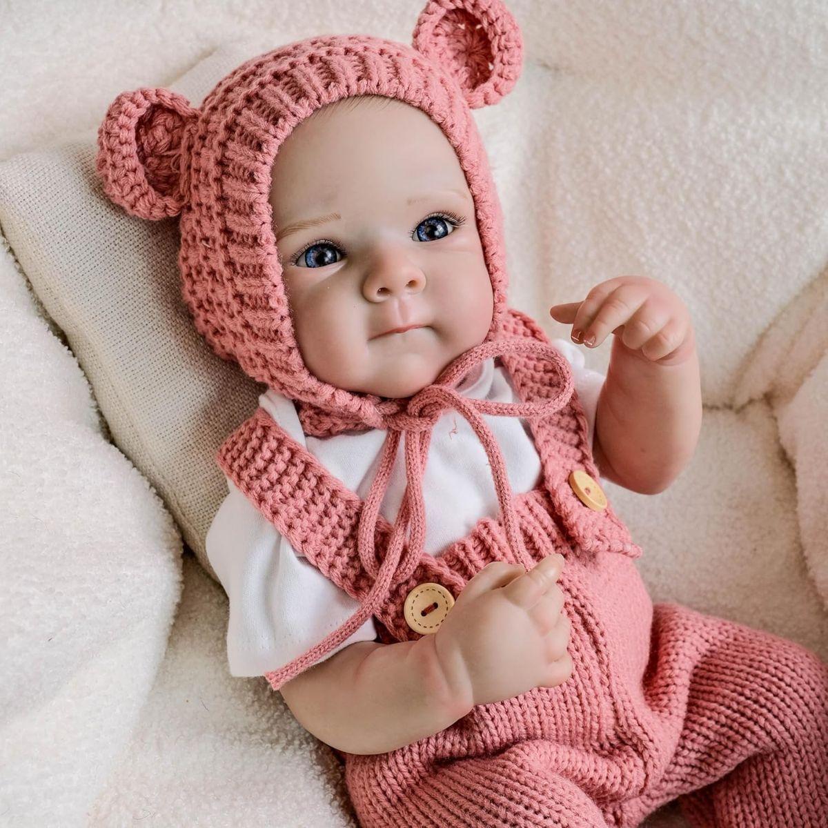 Muñeca Bebe Reborn Juguete Realista 55cm con Oso Rosa-3