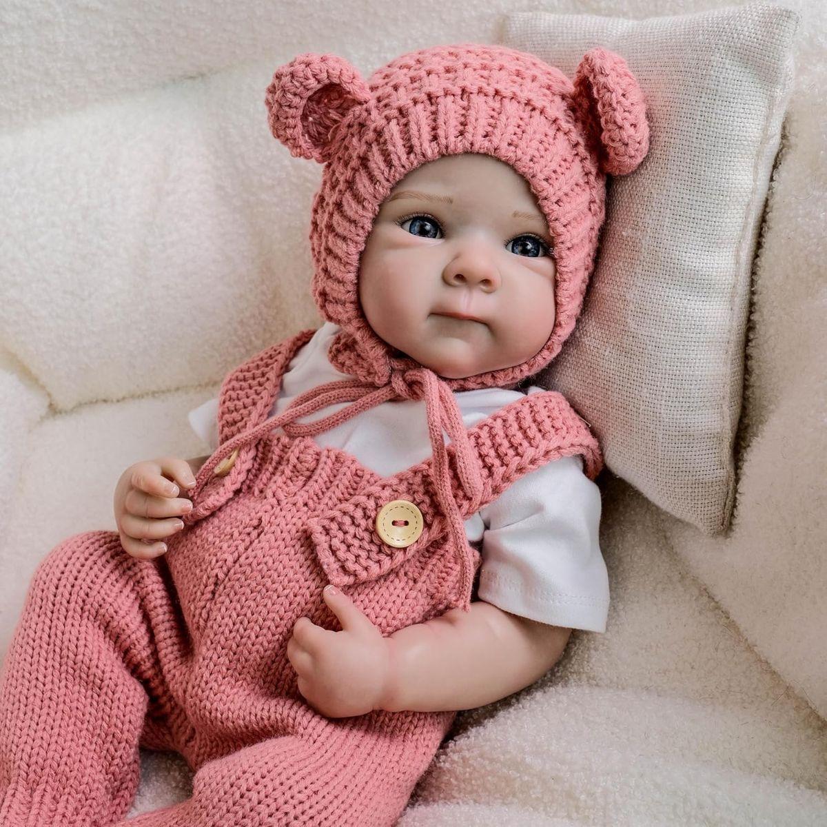 Muñeca Bebe Reborn Juguete Realista 55cm con Oso Rosa-4