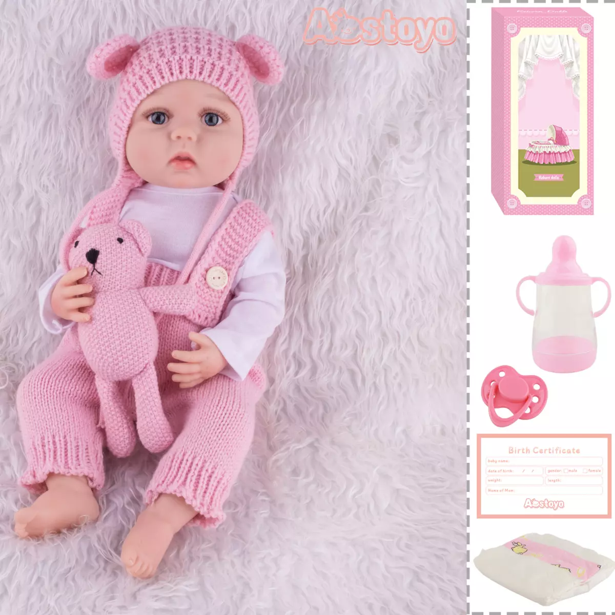 Muñeca Bebe Reborn Juguete Realista 55cm con Oso Rosa-7